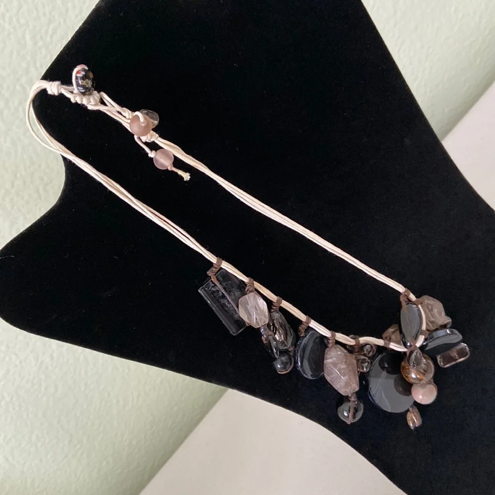 Polished Stone and Millefiori Flower Glass bead necklace rustic